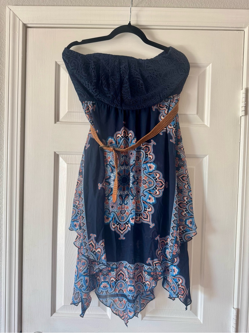 Maurices Strapless Navy Blue Printed Handkerchief Hem Dress Large